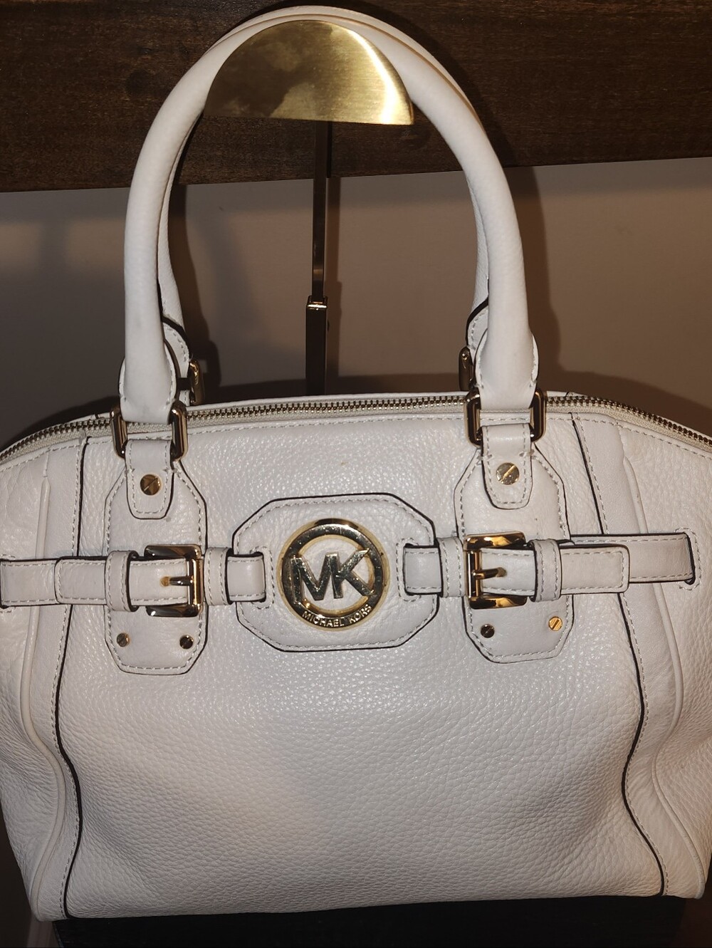 Michael Kors White Pebbled Leather Satchel with Gold Hardware
